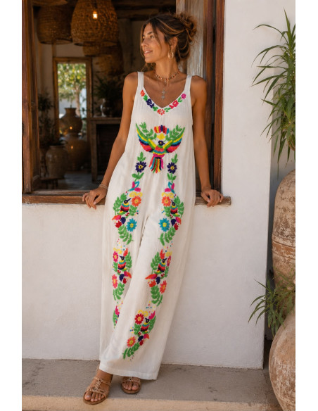 Mono de Bambula Blanco Bordado Multicolor con Bolsillos