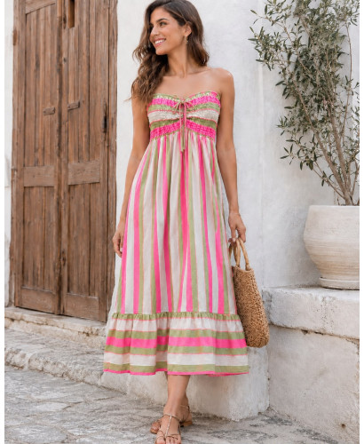 Vestido Largo Palabra de Honor Rayas Flúor rosa 2