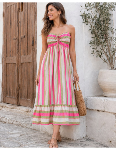 Vestido Largo Palabra de Honor Rayas Flúor rosa
