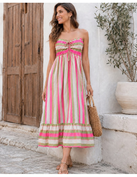 Vestido Largo Palabra de Honor Rayas Flúor rosa