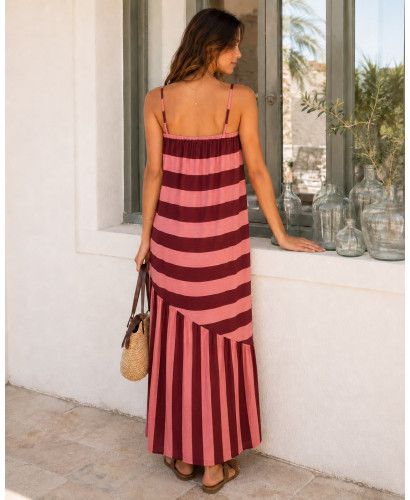 Vestido largo de rayas granate y rosa con diseño asimétrico 2