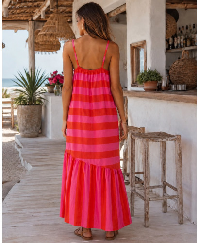Vestido largo de rayas rojo y rosa con diseño asimétrico 2