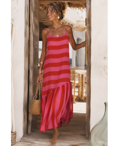 Vestido largo de rayas rojo y rosa con diseño asimétrico