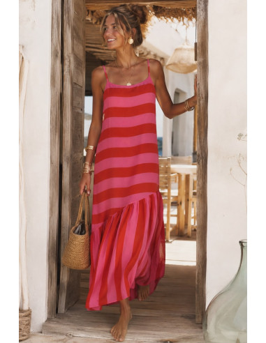 Vestido largo de rayas rojo y rosa con diseño...