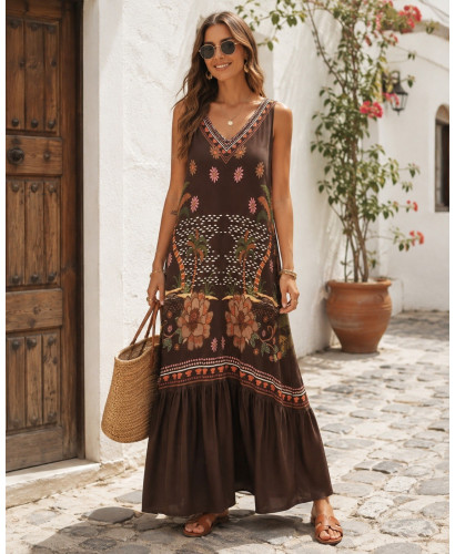 Vestido Largo de Punto Seda chocolate con  Estampado Floral