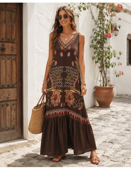 Vestido Largo de Punto Seda chocolate con  Estampado Floral