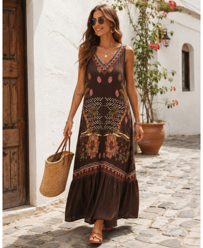 Vestido Largo de Punto Seda chocolate con  Estampado Floral 2