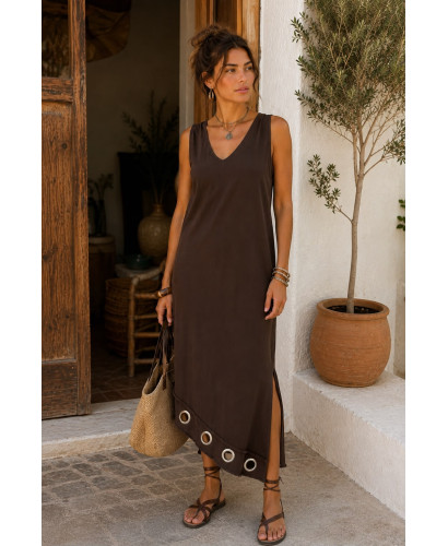 Vestido Largo Asimétrico de Algodón Marrón con Espalda de...
