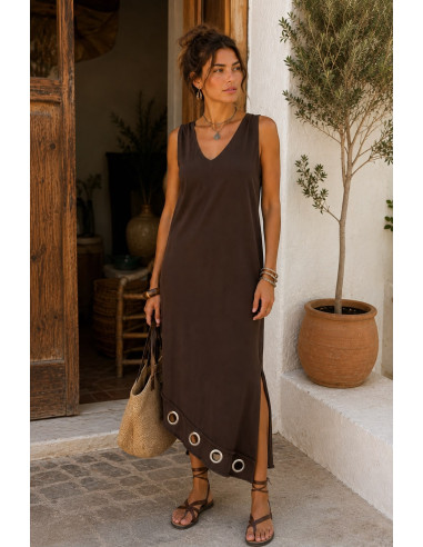 Vestido Largo Asimétrico de Algodón Marrón con...