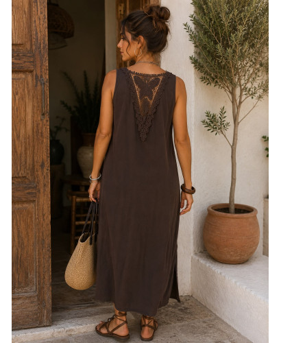 Vestido Largo Asimétrico de Algodón Marrón con Espalda de... 2