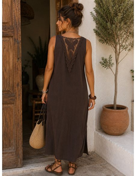 Vestido Largo Asimétrico de Algodón Marrón con Espalda de Crochet