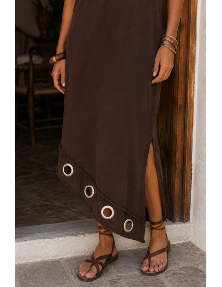 Vestido Largo Asimétrico de Algodón Marrón con Espalda de Crochet