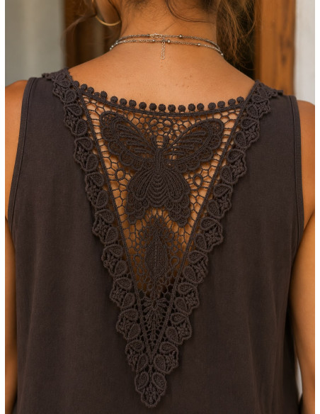 Vestido Largo Asimétrico de Algodón Marrón con Espalda de Crochet