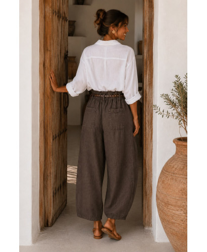 Pantalón de Lino chocolate con Cinturón de Tachas y... 2
