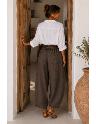 Pantalón de Lino chocolate con Cinturón de...