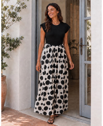 Vestido Largo Combinado con Falda de Lunares y Cuerpo Negro