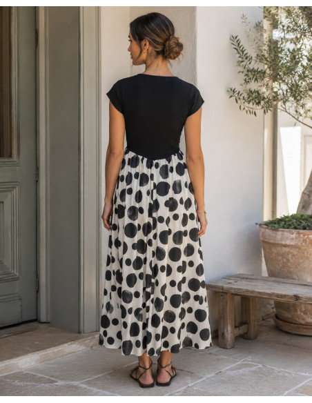 Vestido Largo Combinado con Falda de Lunares y Cuerpo Negro