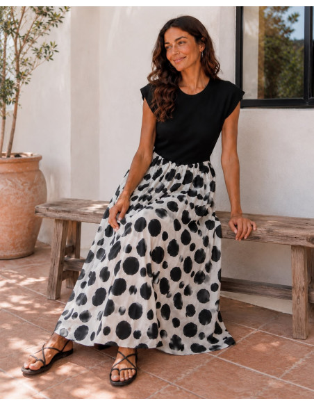 Vestido Largo Combinado con Falda de Lunares y Cuerpo Negro