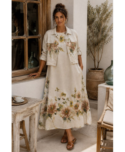 Conjunto de Lino con Vestido Estampado y Chaqueta a Juego