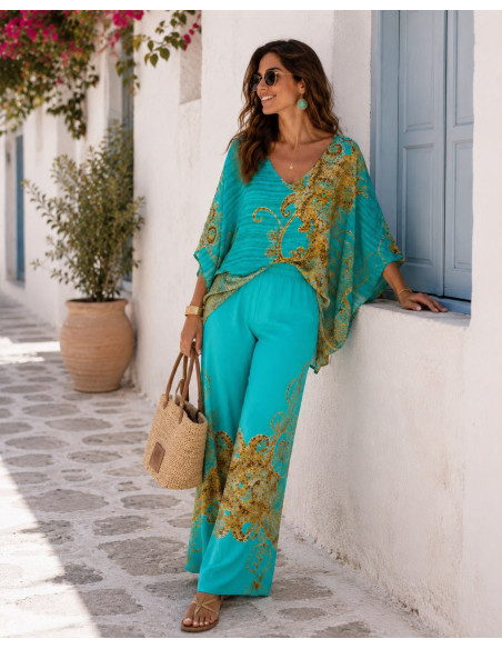 Bluson Fluido en Verde Agua con Estampado Barroco