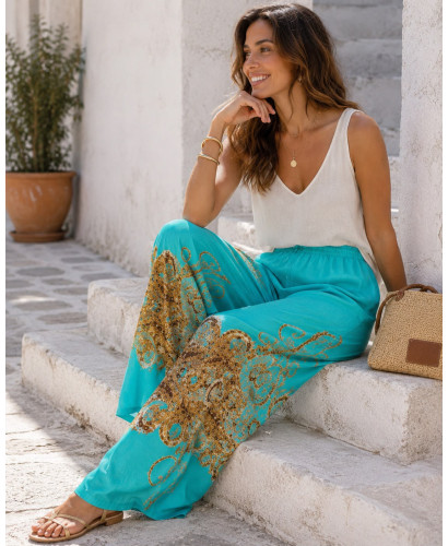 Pantalón punto seda en Verde Agua con Estampado Barroco 2