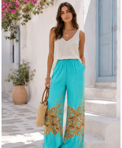 Pantalón punto seda en Verde Agua con Estampado Barroco