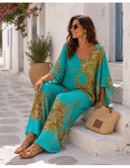 Pantalón punto seda en Verde Agua con Estampado Barroco