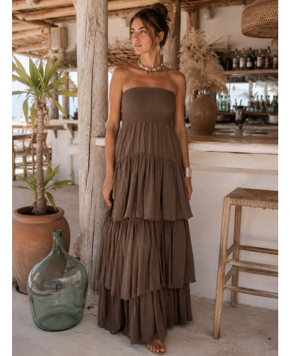 Vestido Largo de Volantes Chocolate con Nido de Abeja