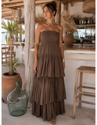 Vestido Largo de Volantes Chocolate con Nido de...