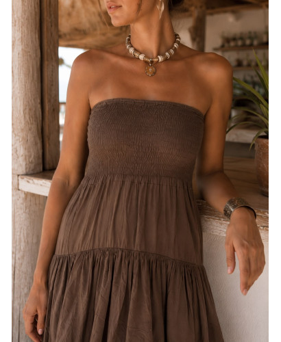 Vestido Largo de Volantes Chocolate con Nido de Abeja 2