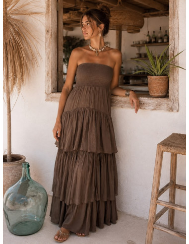 Vestido Largo de Volantes Chocolate con Nido de...