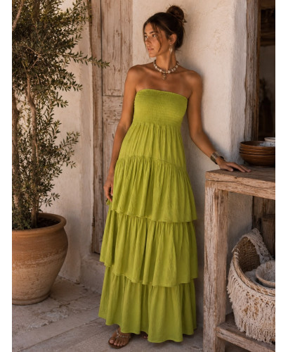 Vestido Largo de Volantes verde con Nido de Abeja