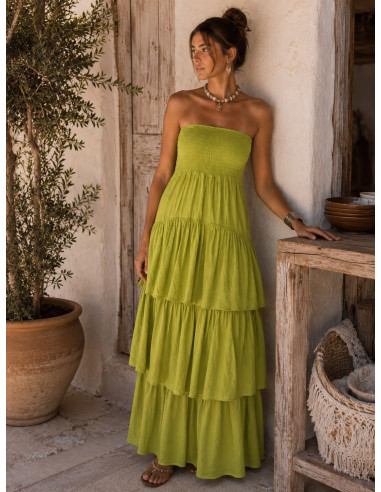 Vestido Largo de Volantes verde con Nido de Abeja