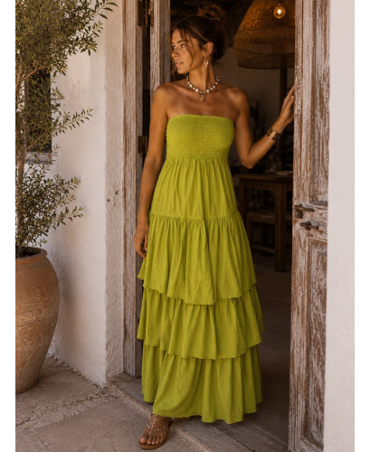 Vestido Largo de Volantes verde con Nido de Abeja 2