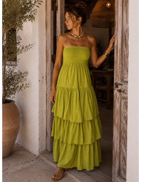 Vestido Largo de Volantes verde con Nido de Abeja