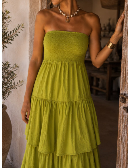 Vestido Largo de Volantes verde con Nido de Abeja