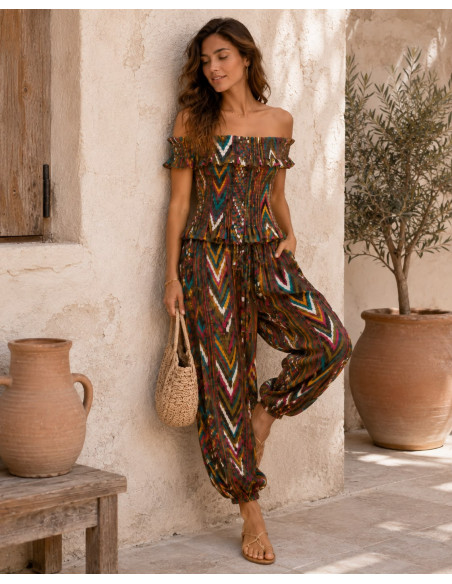 Conjunto con Top Nido de Abeja y Pantalón Bombacho tonos verdes