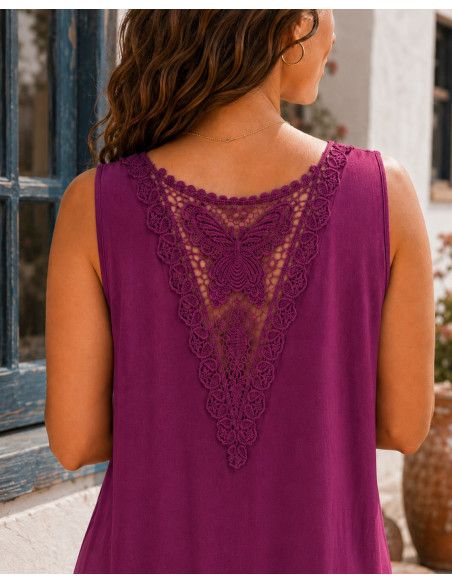 Vestido Largo Asimétrico de Algodón granate con Espalda de Crochet