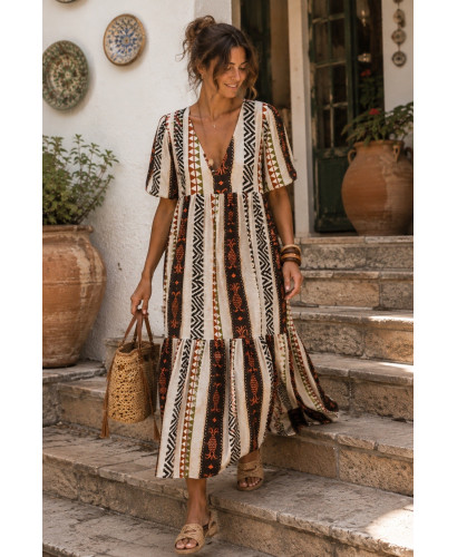 Vestido Largo Estampado con Escote de Pico y Motivo de Piñas