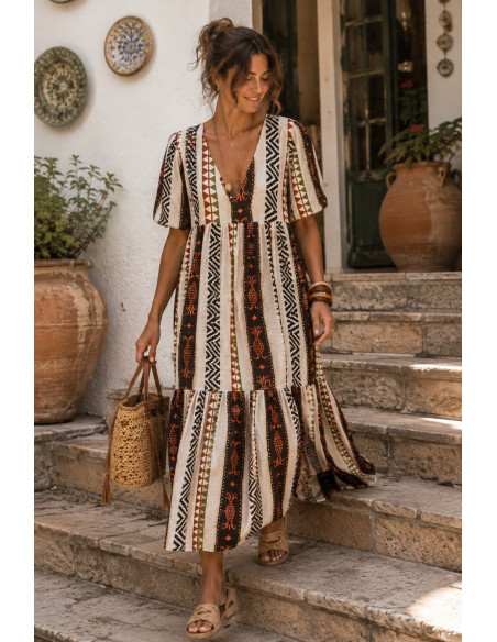 Vestido Largo Estampado con Escote de Pico y Motivo de Piñas
