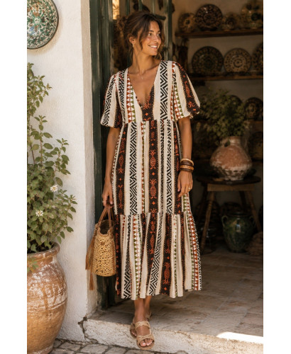 Vestido Largo Estampado con Escote de Pico y Motivo de Piñas 2