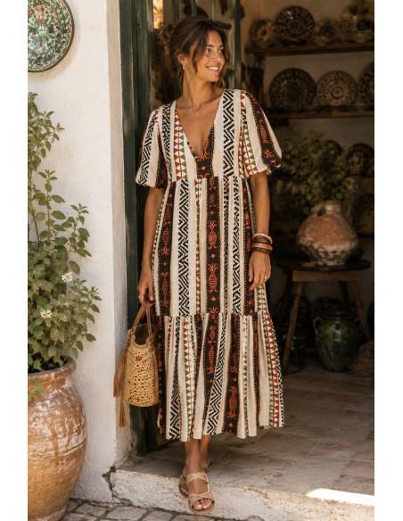 Vestido Largo Estampado con Escote de Pico y Motivo de Piñas
