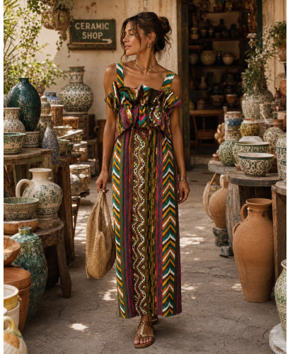 Vestido Largo Estampado  con Volante verde 2
