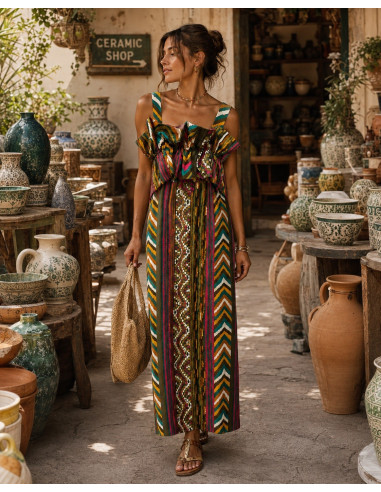 Vestido Largo Estampado  con Volante verde