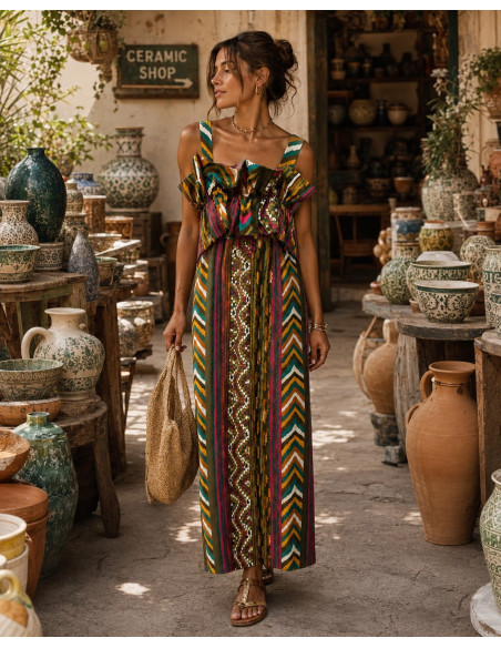 Vestido Largo Estampado  con Volante verde