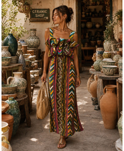 Vestido Largo Estampado  con Volante verde