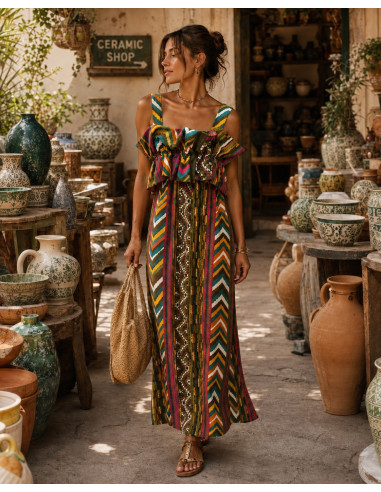 Vestido Largo Estampado  con Volante verde