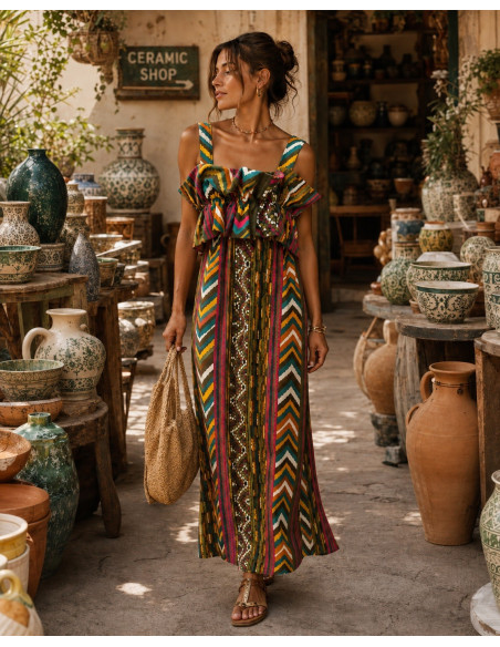 Vestido Largo Estampado  con Volante verde