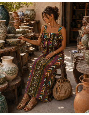Vestido Largo Estampado  con Volante verde