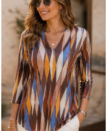 Blusa punto seda estampado geométrico tierras